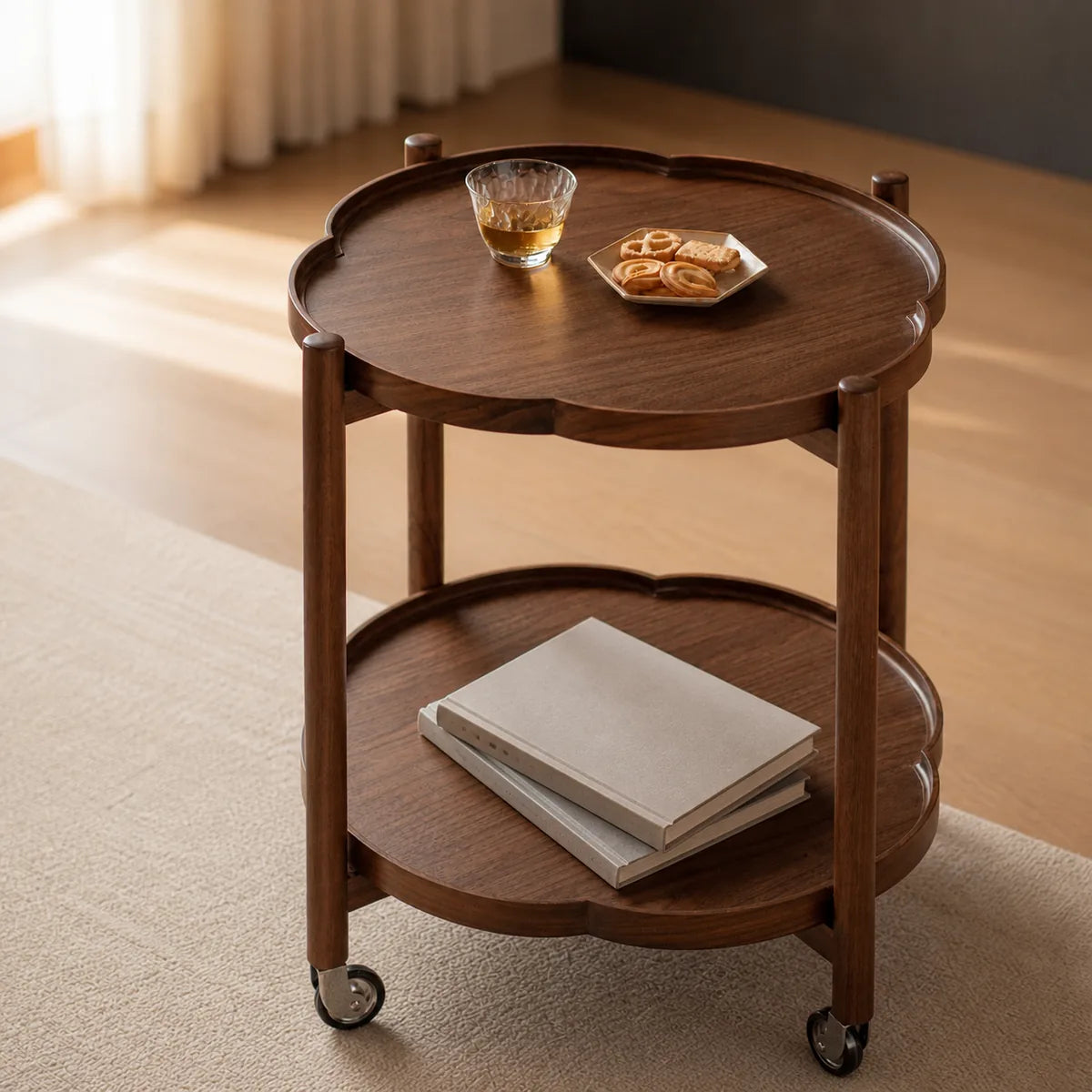 North American black walnut begonia-shaped two-tier rolling side table