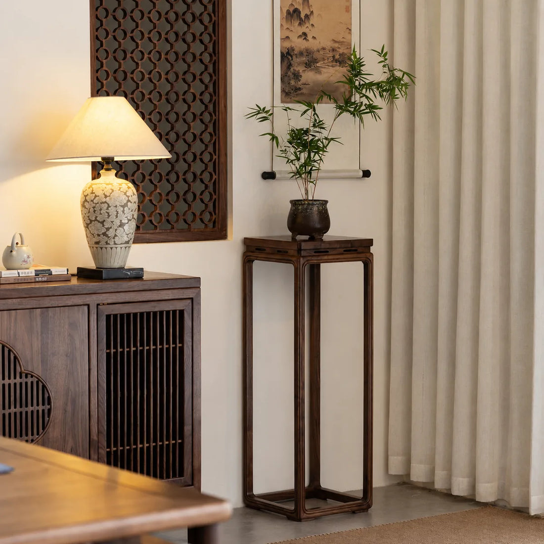 Solid wood flower stand in a refined tea room