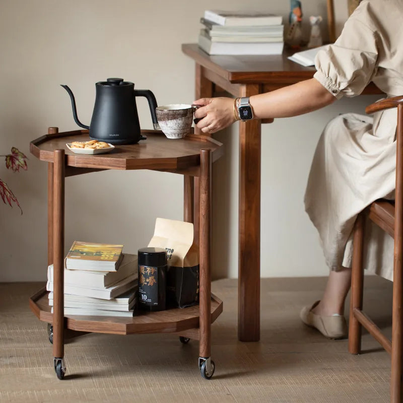 North American black walnut begonia-shaped two-tier rolling side table