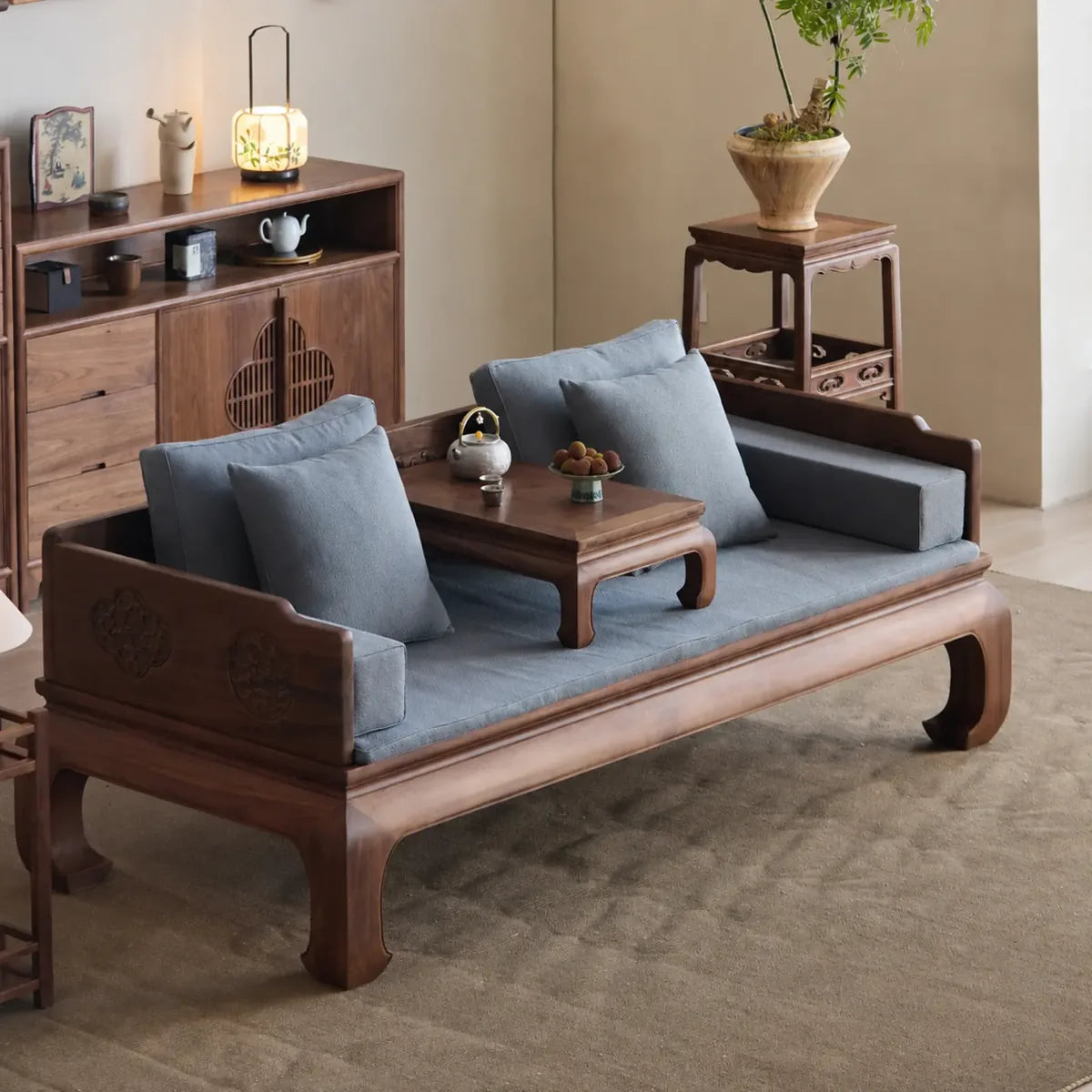 Angled view of the Luohan daybed with removable cushions