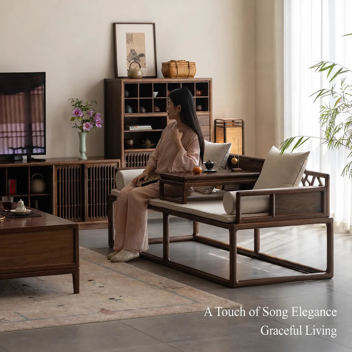 Crackle-ice lattice Luohan daybed in a Song-inspired living room