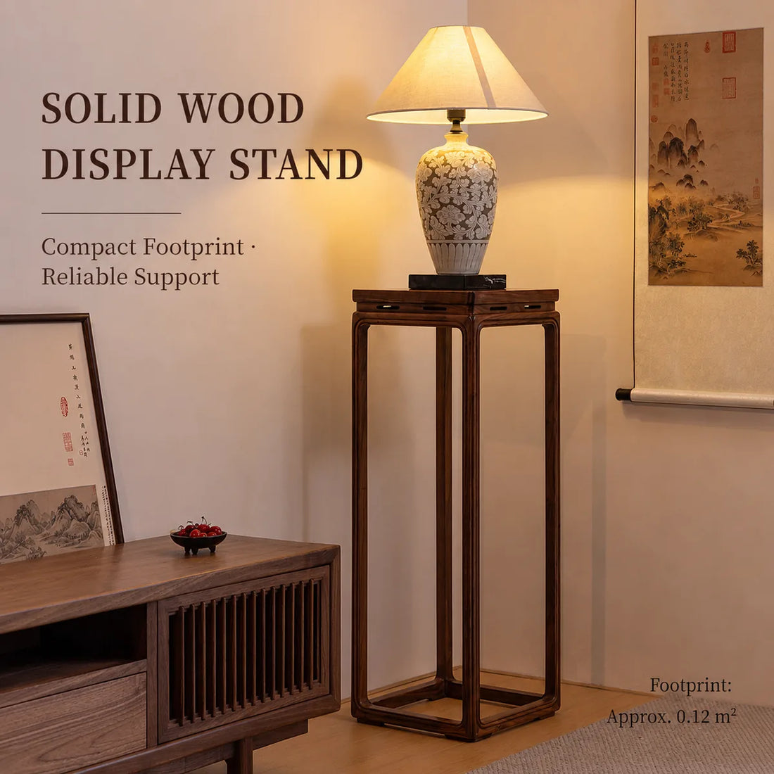 Solid wood flower stand in a refined tea room