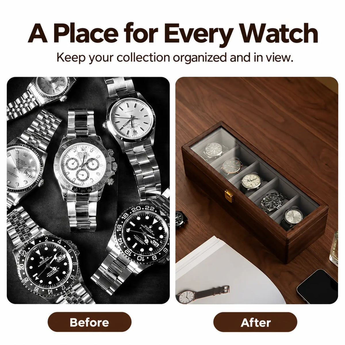 Black Walnut Watch Display Box with Glass Lid