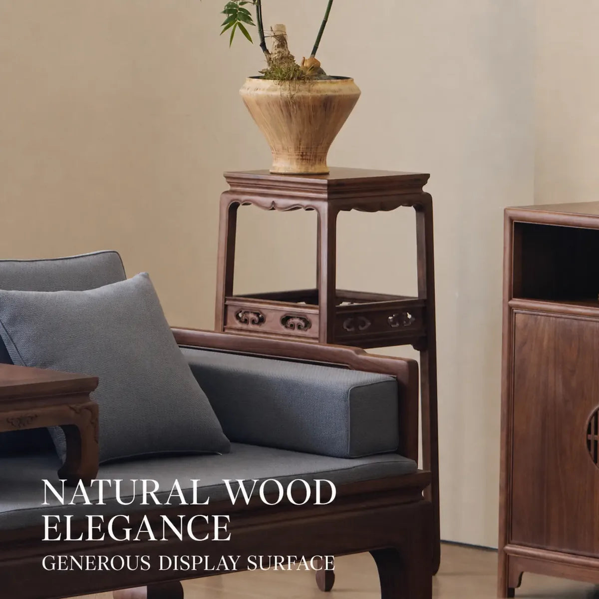 Black walnut plant stand in a refined living room