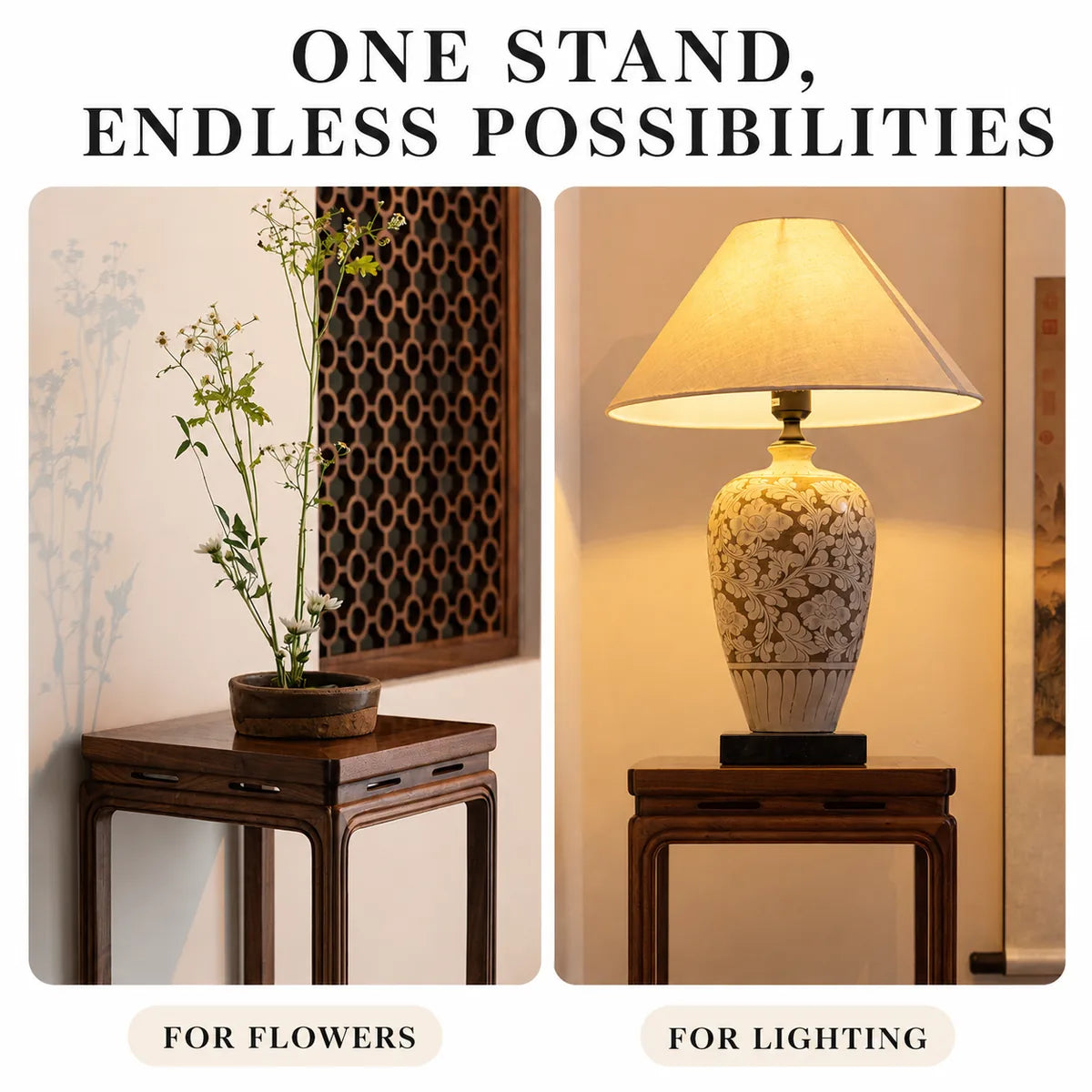 Flower stand styled with flowers and lighting