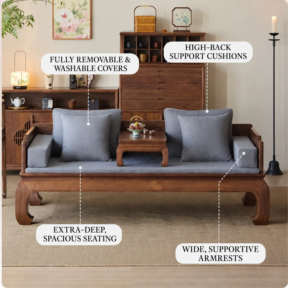 Deep seating, supportive armrests and removable cushions