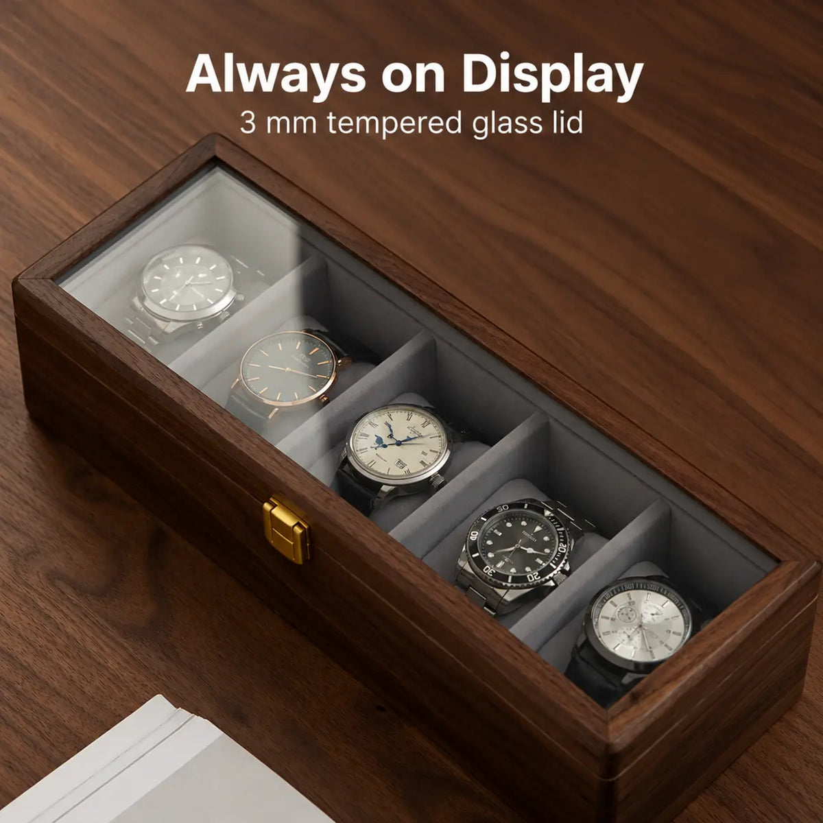 Black Walnut Watch Display Box with Glass Lid