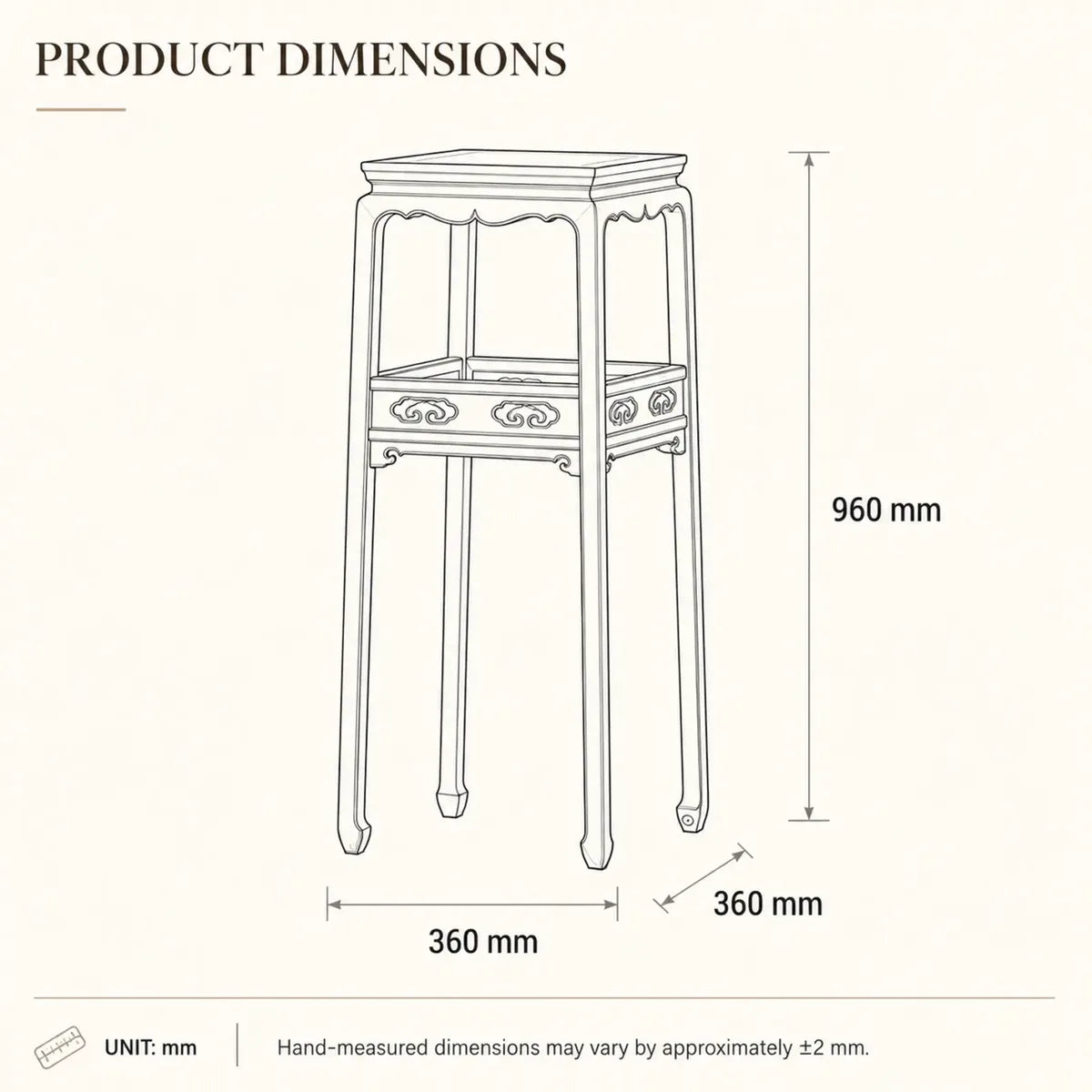 Flower stand dimensions 360 by 360 by 960 mm