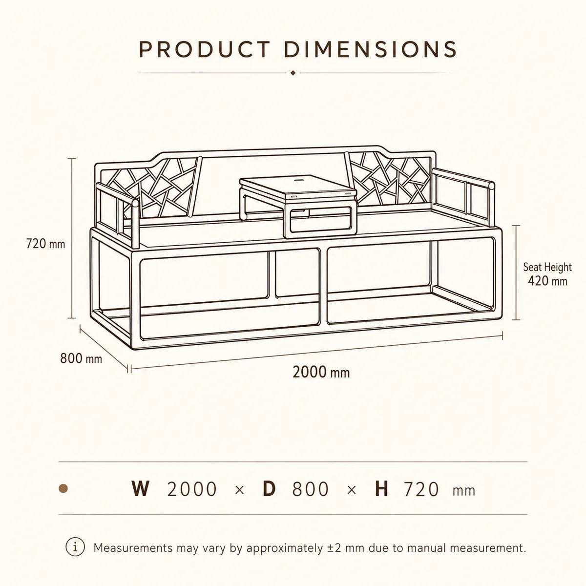 Luohan daybed dimensions 2000 by 800 by 720 mm