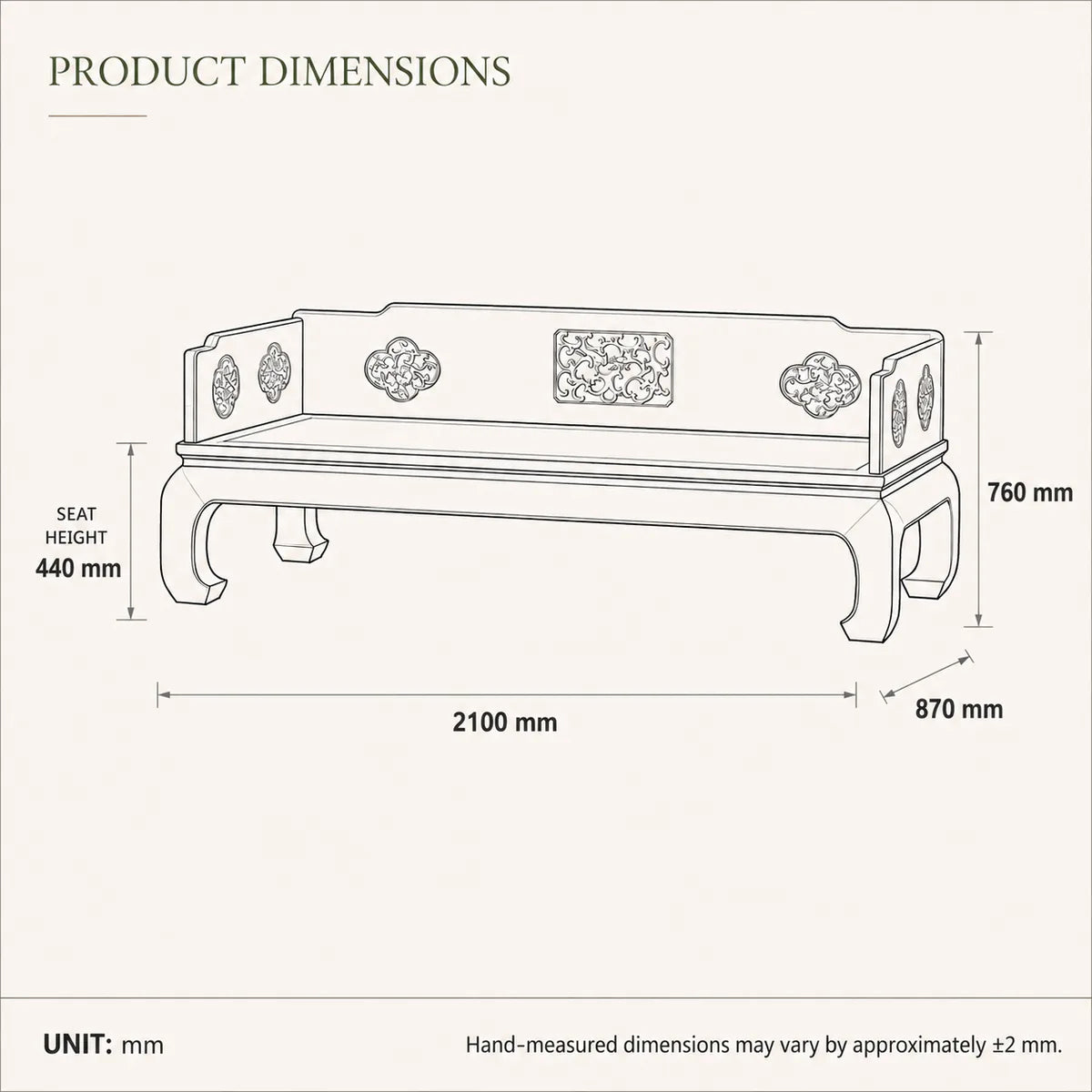 Luohan daybed dimensions 2100 by 870 by 760 mm