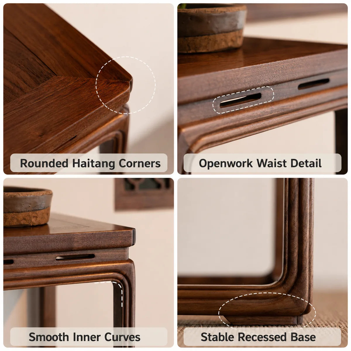 Rounded corners, openwork waist and recessed base details