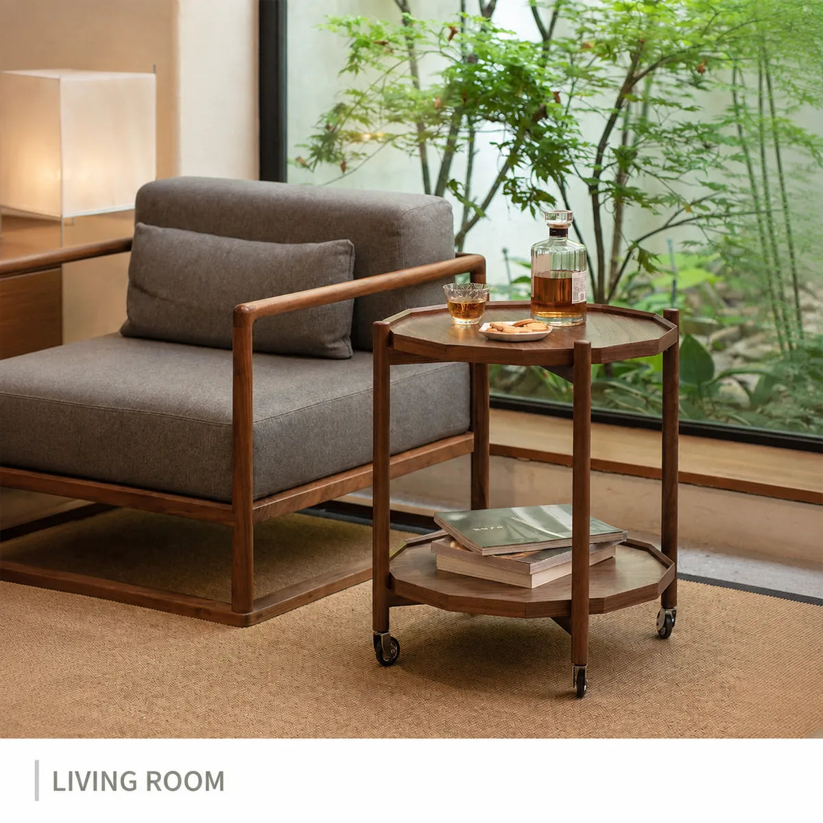 Walnut rolling side table in a calm living room