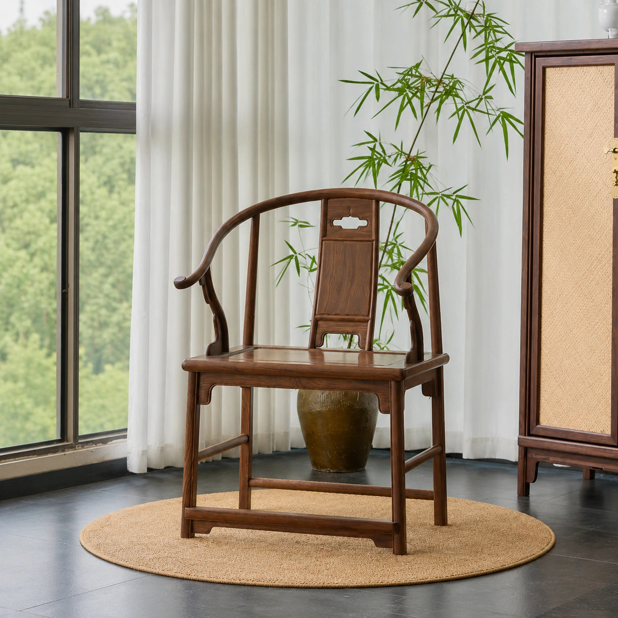 Ming-Style Solid Black Walnut Horseshoe-Back Armchair