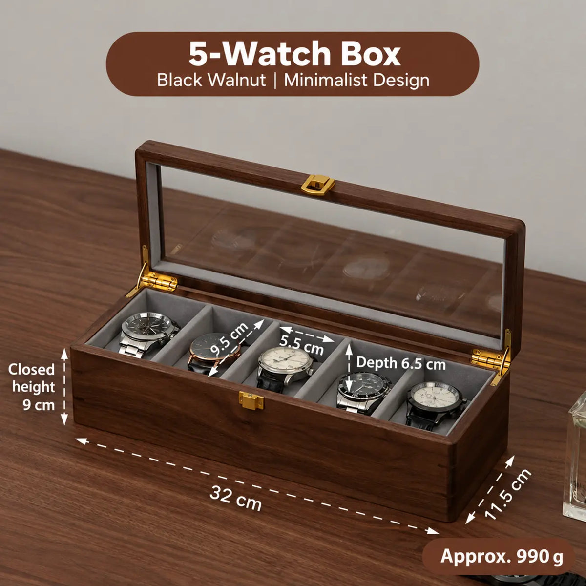 Black Walnut Watch Display Box with Glass Lid