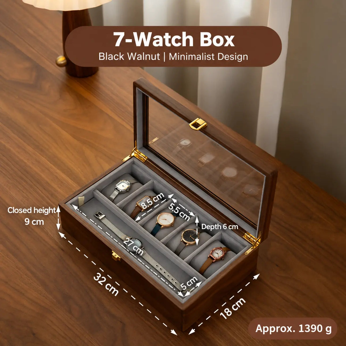 Black Walnut Watch Display Box with Glass Lid