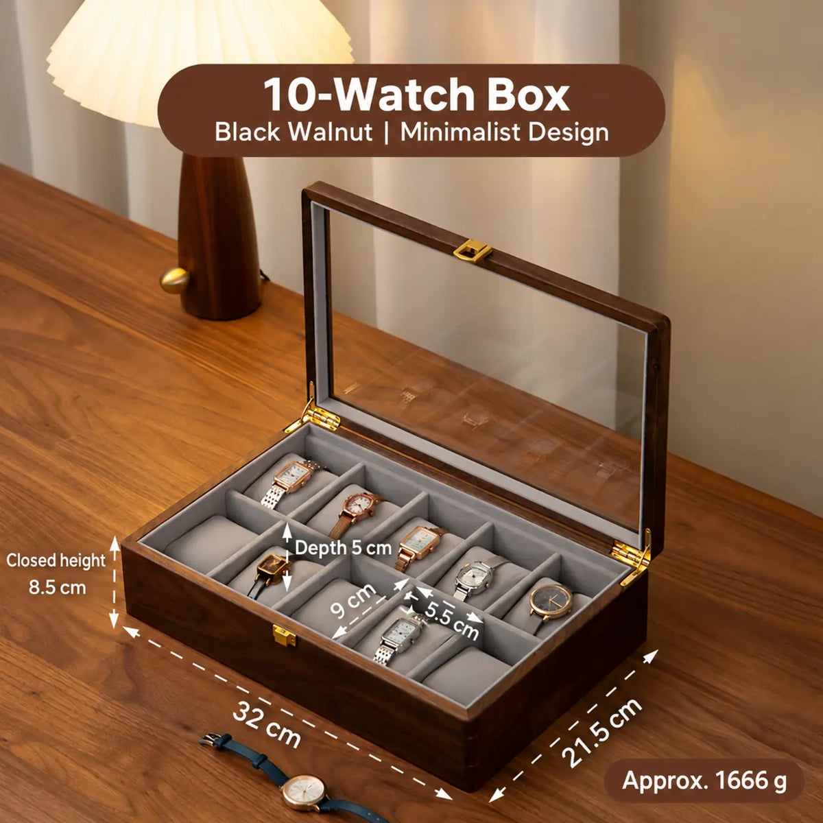 Black Walnut Watch Display Box with Glass Lid