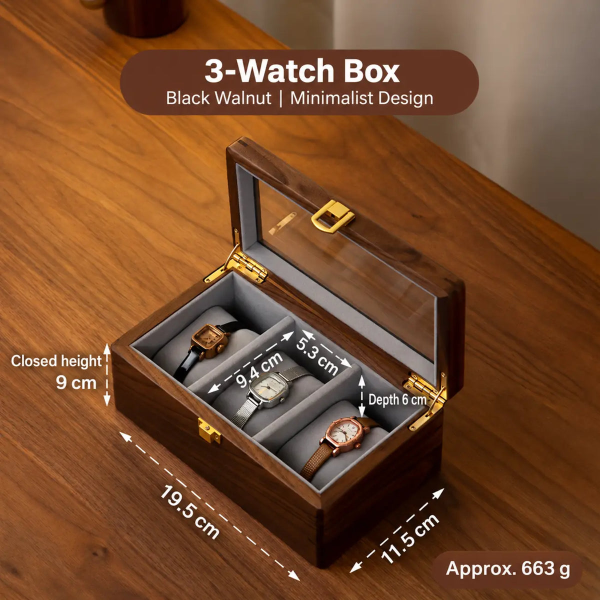 Black Walnut Watch Display Box with Glass Lid
