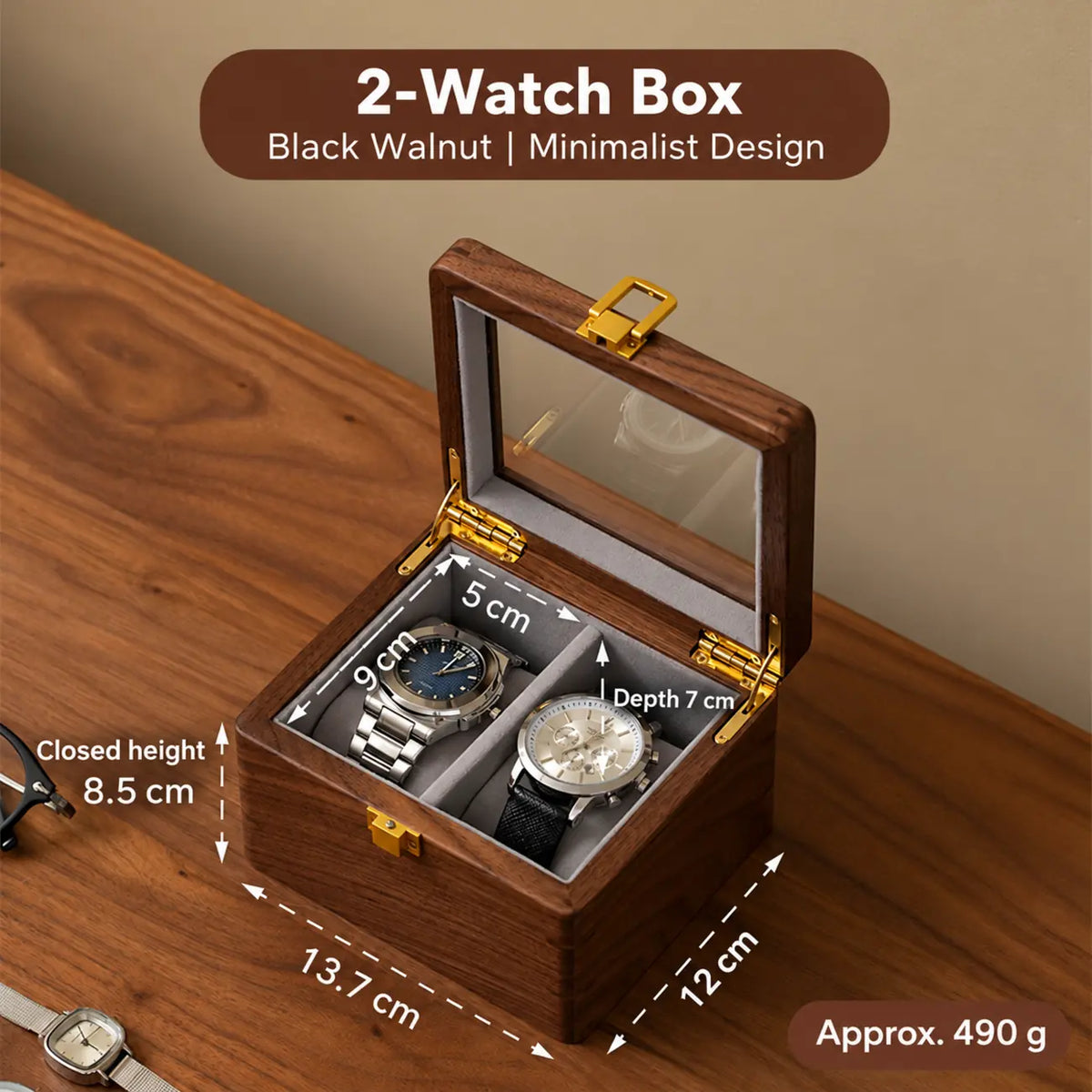 Black Walnut Watch Display Box with Glass Lid