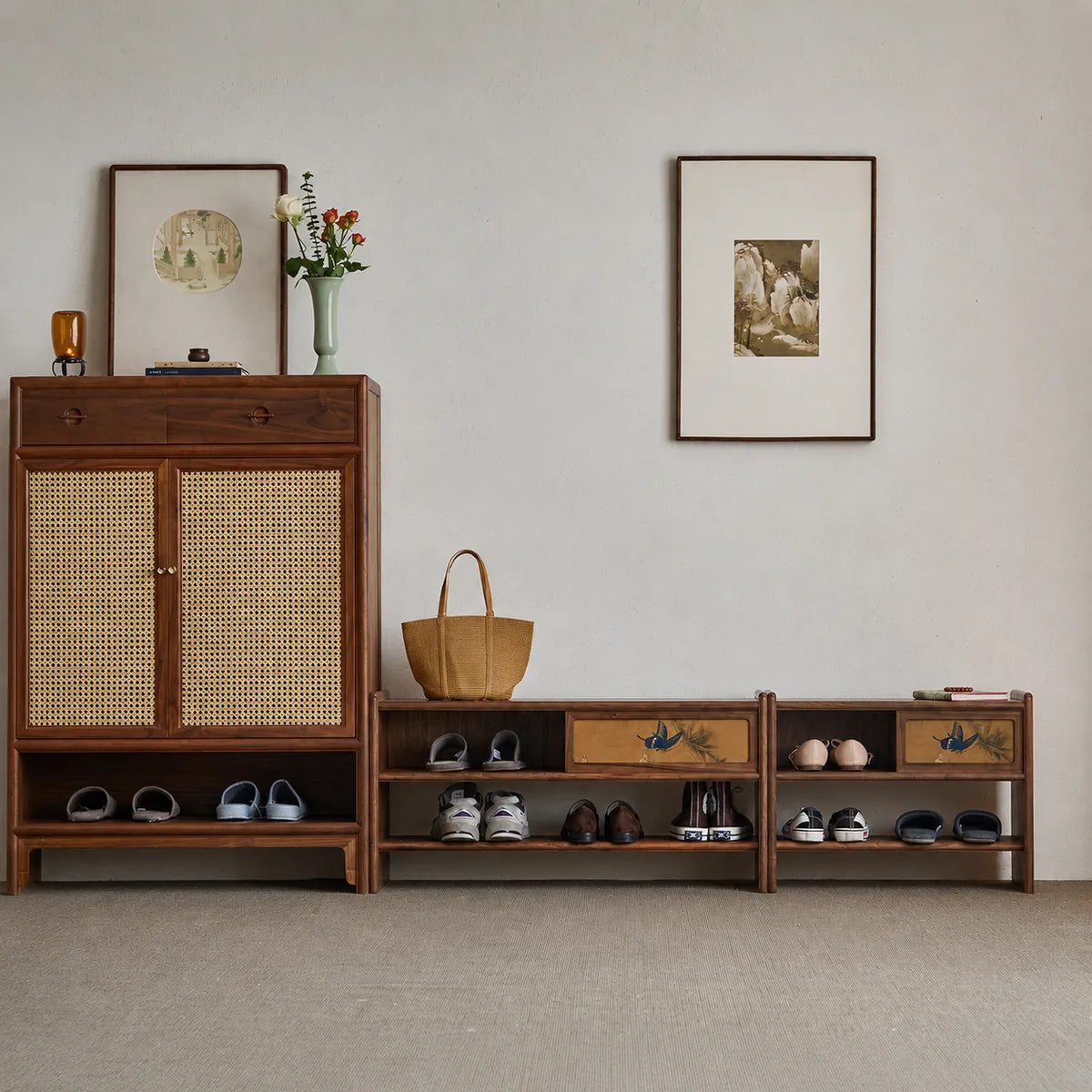 Black walnut shoe benches styled in two sizes