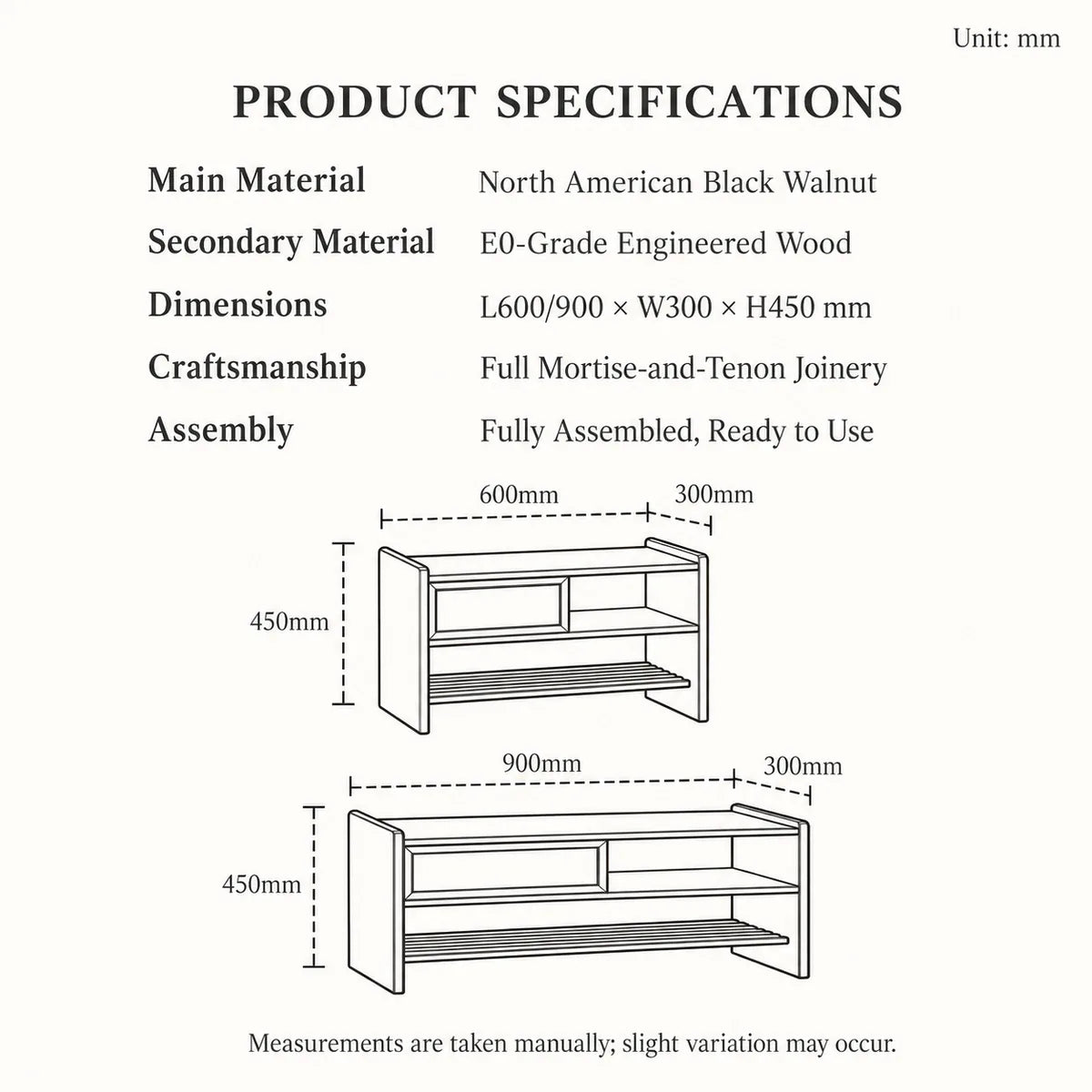 Black walnut shoe bench specifications