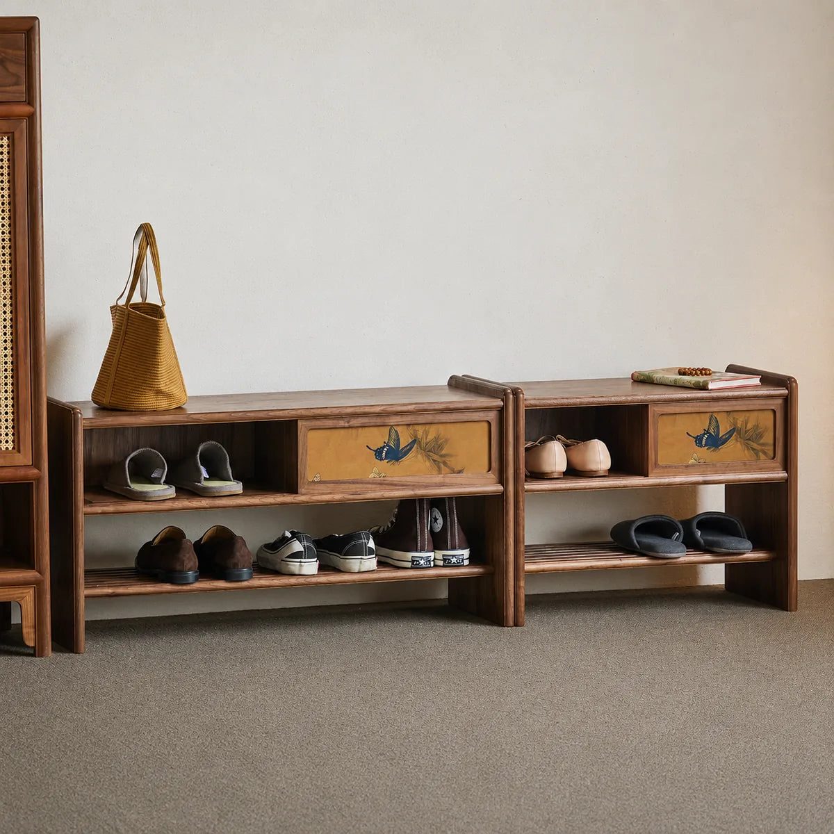 Two sizes of black walnut entryway shoe benches