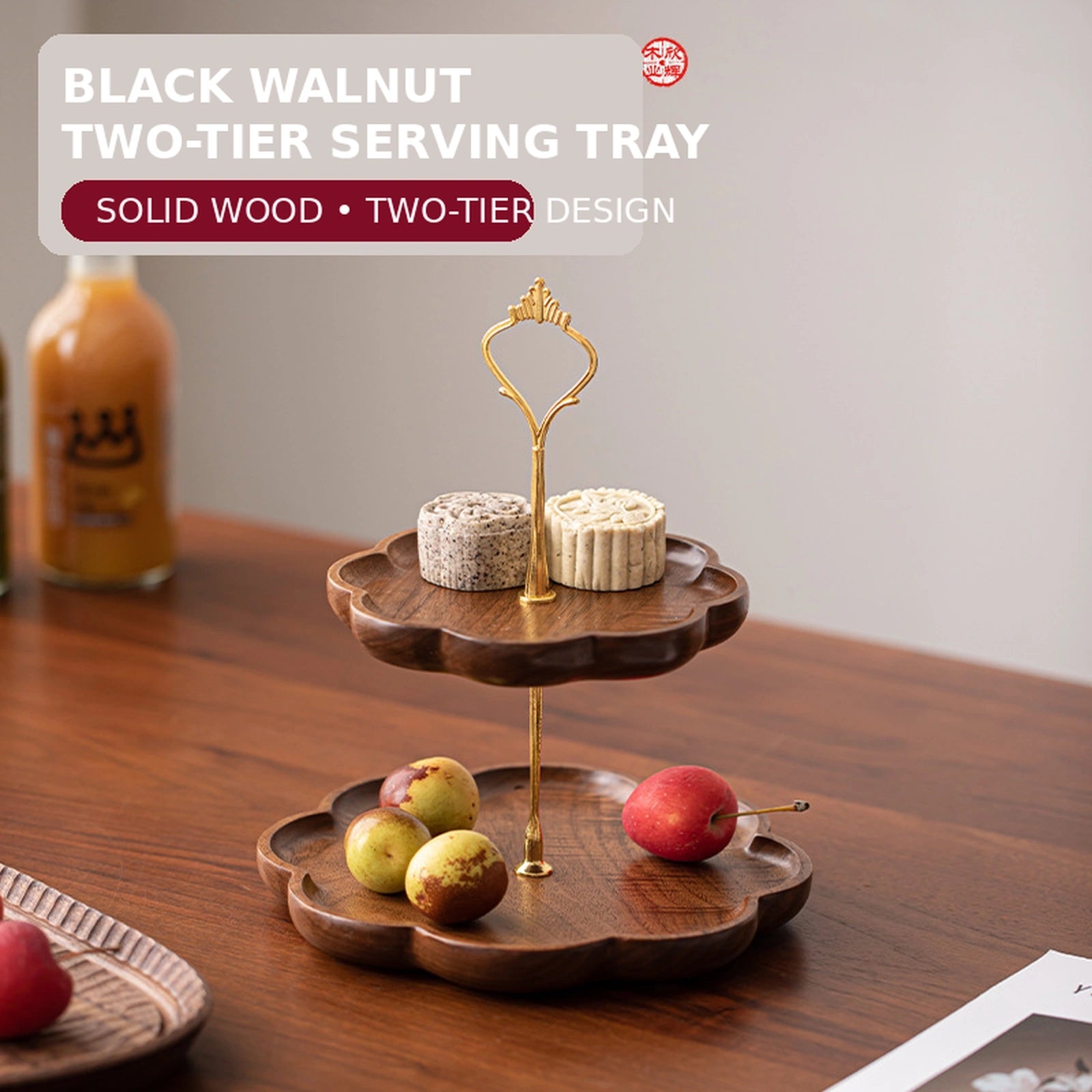 Handcrafted Black Walnut Two-Tier Serving Tray