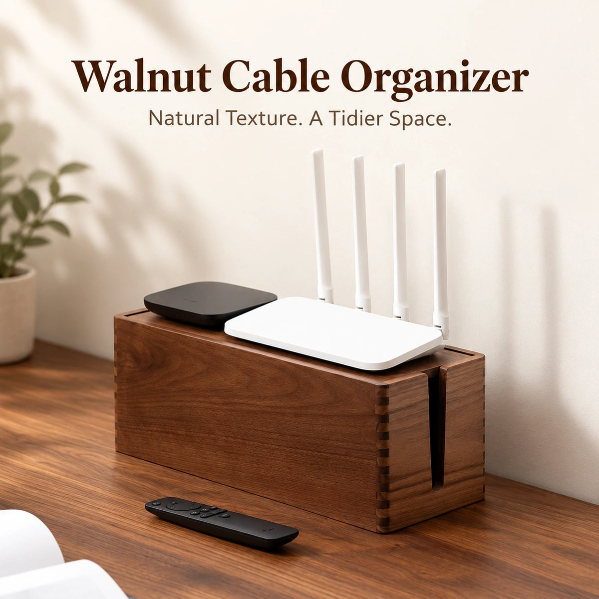 RUIZUO walnut cable organizer box on a desk with a router and remote