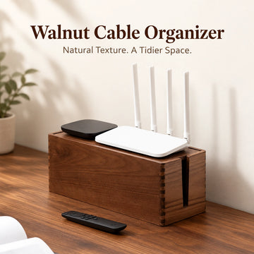 RUIZUO walnut cable organizer box on a desk with a router and remote