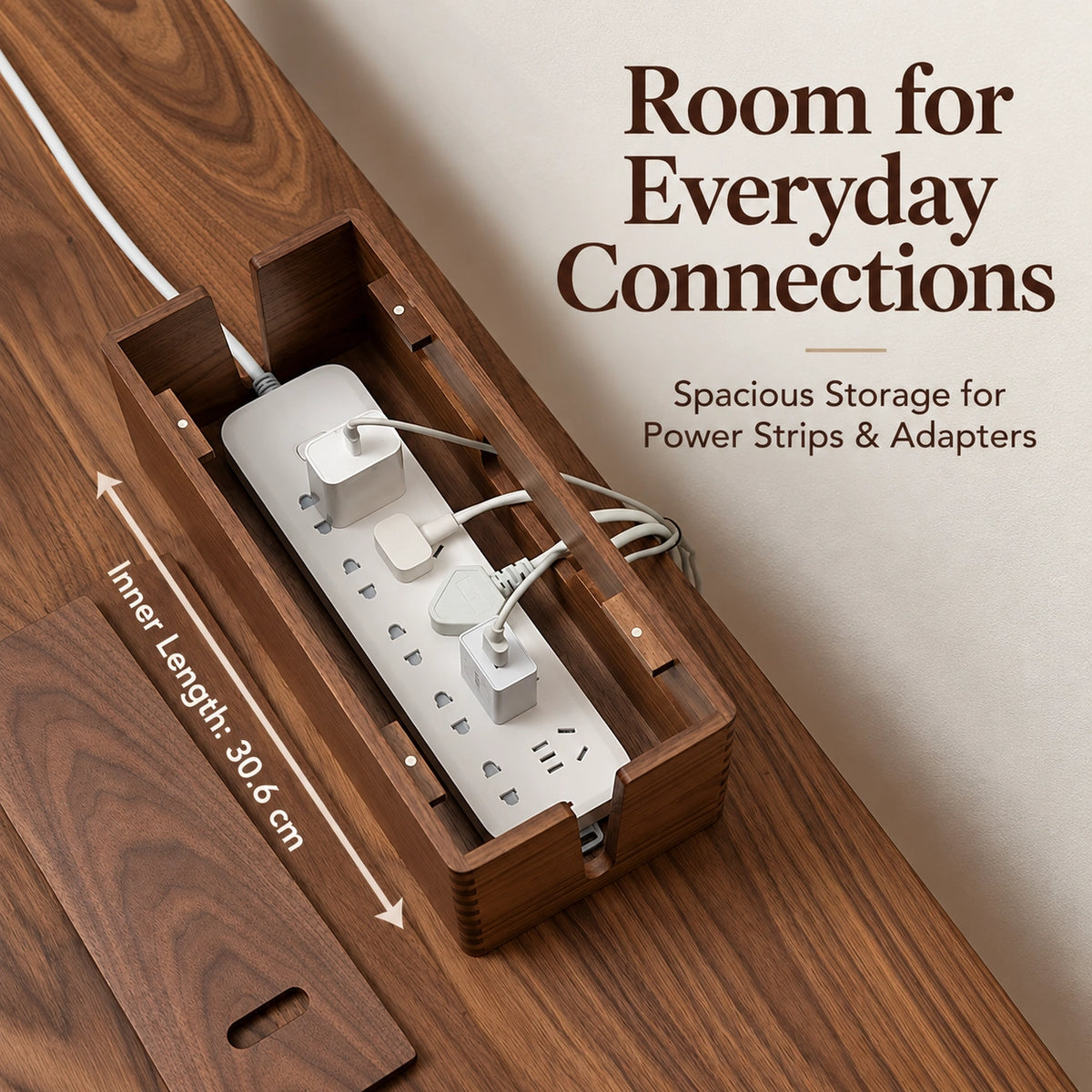 Open walnut cable organizer showing power strip and cable storage