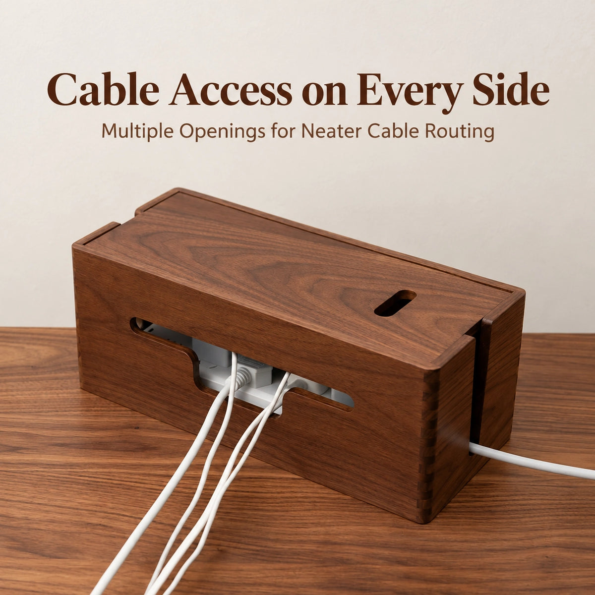 Side openings route charging cables through the walnut organizer
