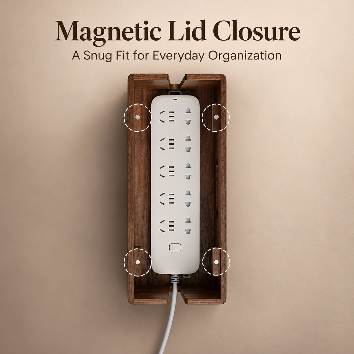 Magnetic lid closure of the RUIZUO walnut cable organizer