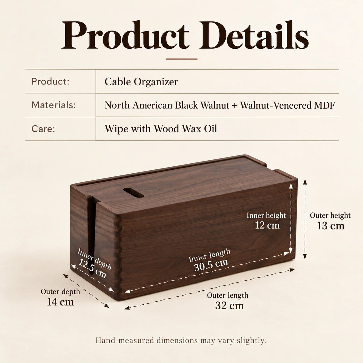 Cable organizer dimensions and materials diagram, 32 by 14 by 13 cm