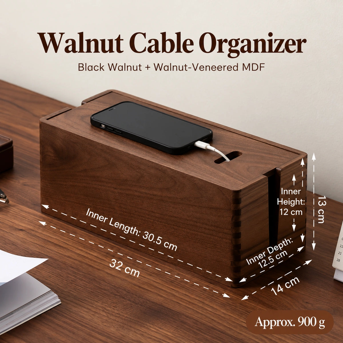 RUIZUO walnut cable organizer overview with approximate 900 g weight
