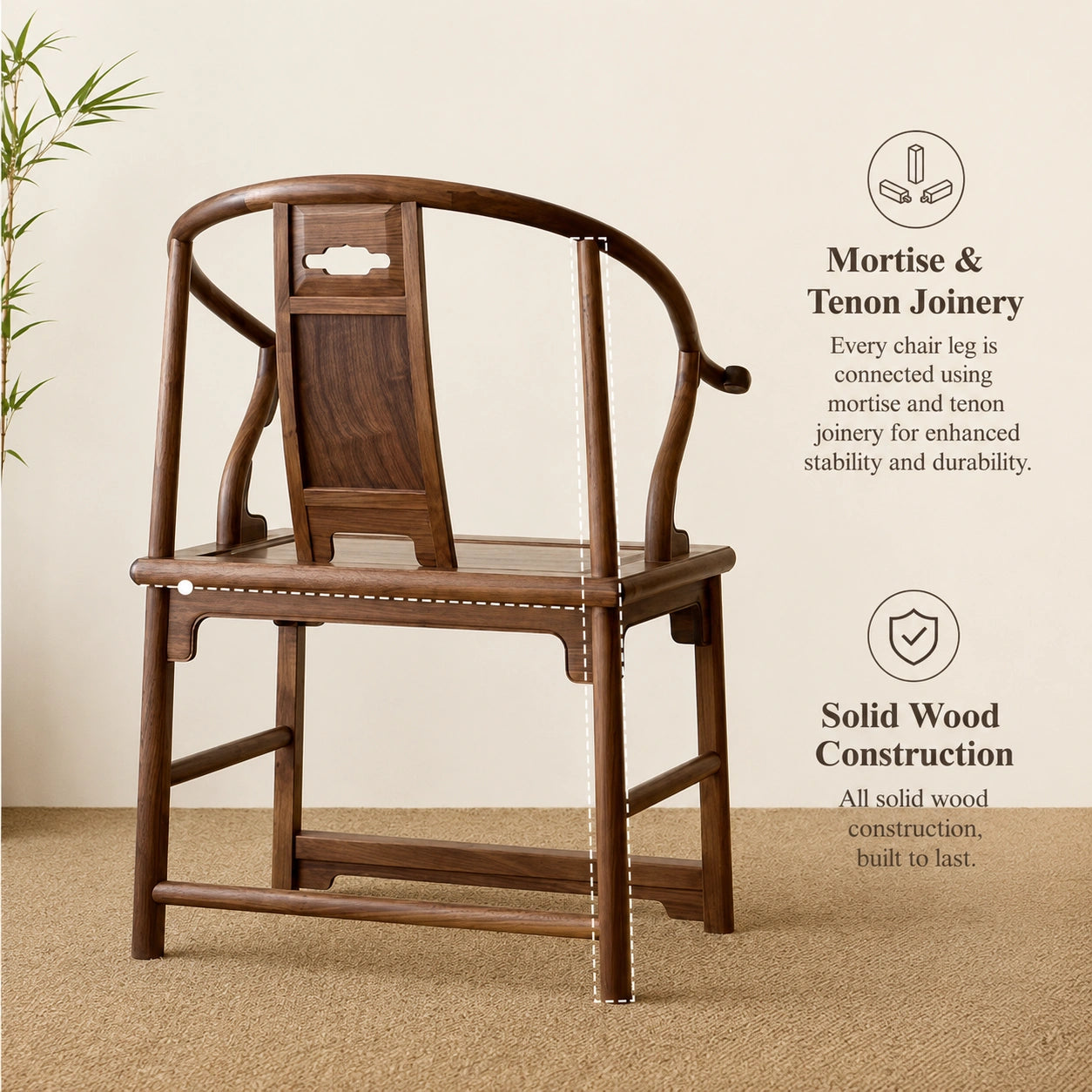 Ming-Style Solid Black Walnut Horseshoe-Back Armchair