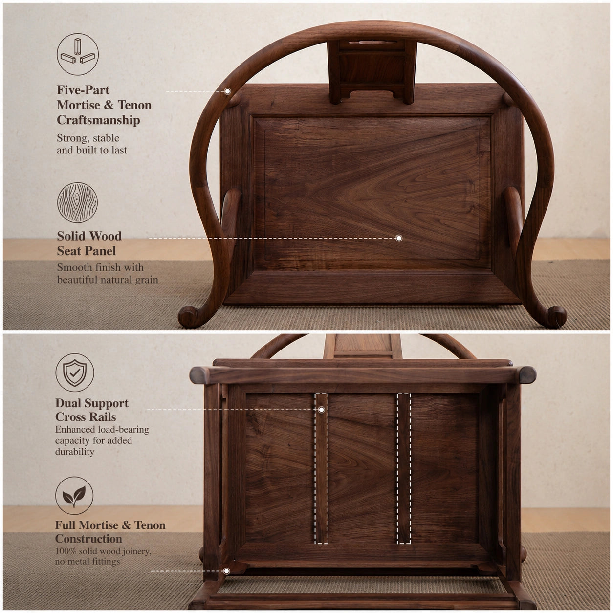 Ming-Style Solid Black Walnut Horseshoe-Back Armchair