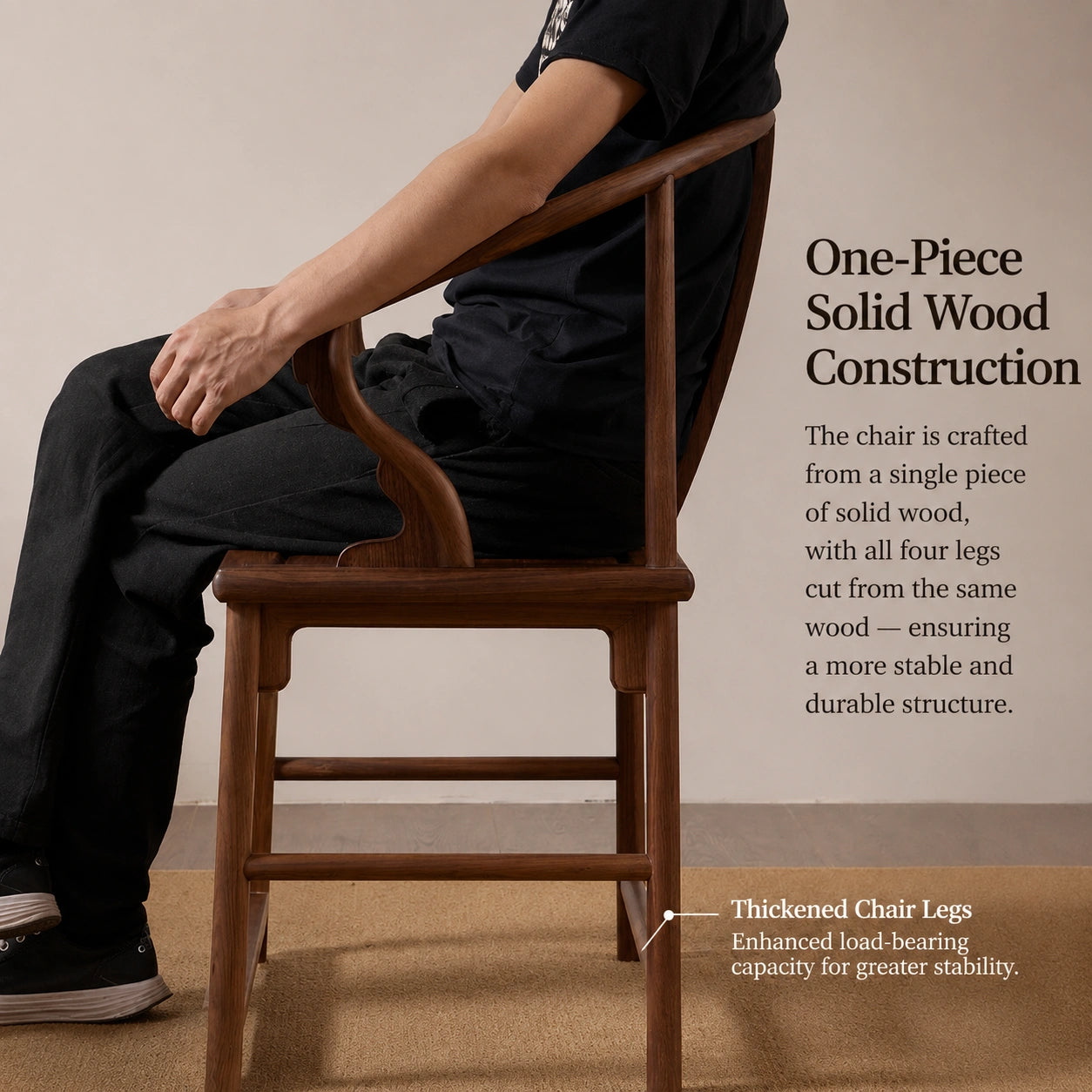 Ming-Style Solid Black Walnut Horseshoe-Back Armchair