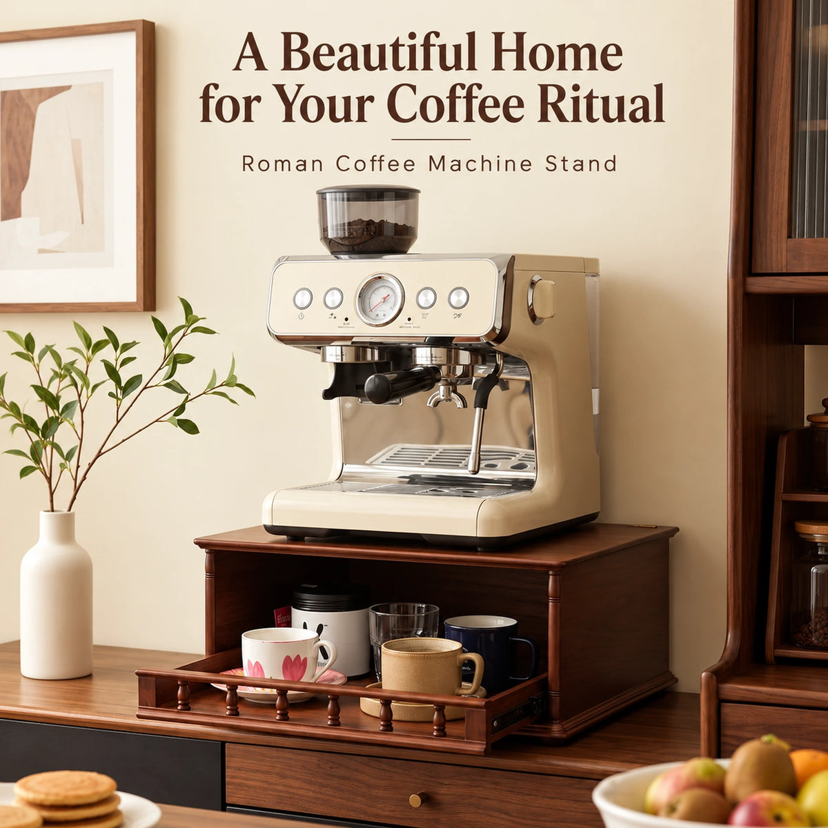 Roman Coffee Machine Stand with Pull-Out Drawer – Walnut Finish