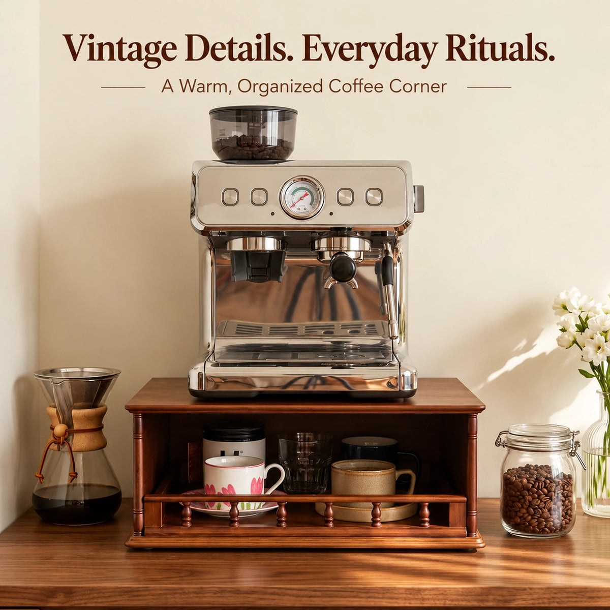 Roman Coffee Machine Stand with Pull-Out Drawer – Walnut Finish