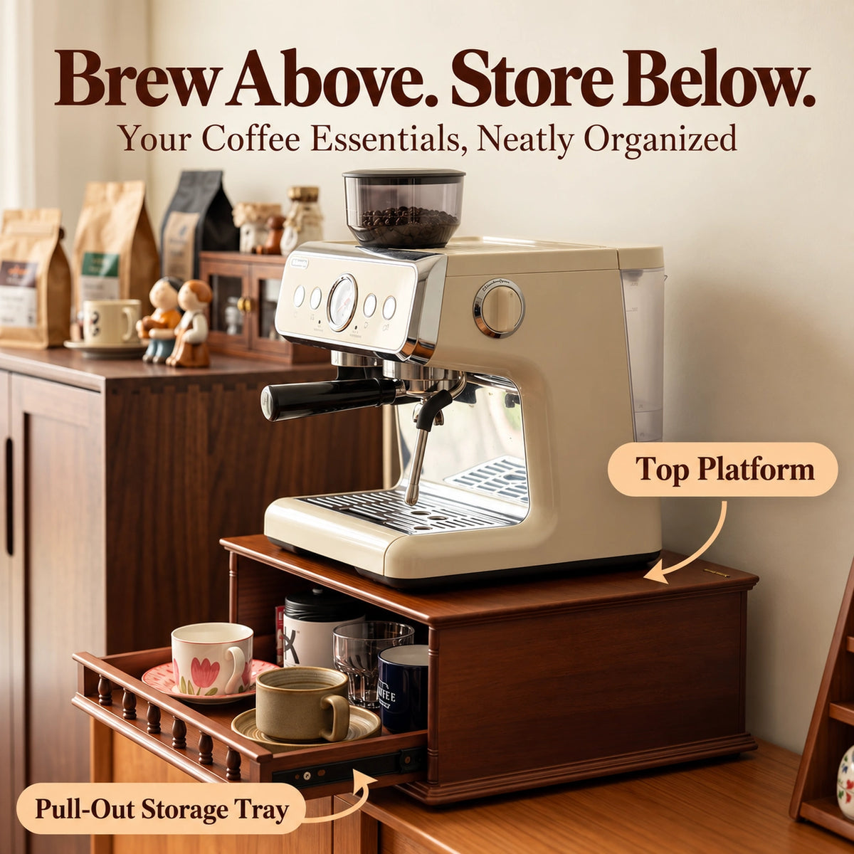 Roman Coffee Machine Stand with Pull-Out Drawer – Walnut Finish