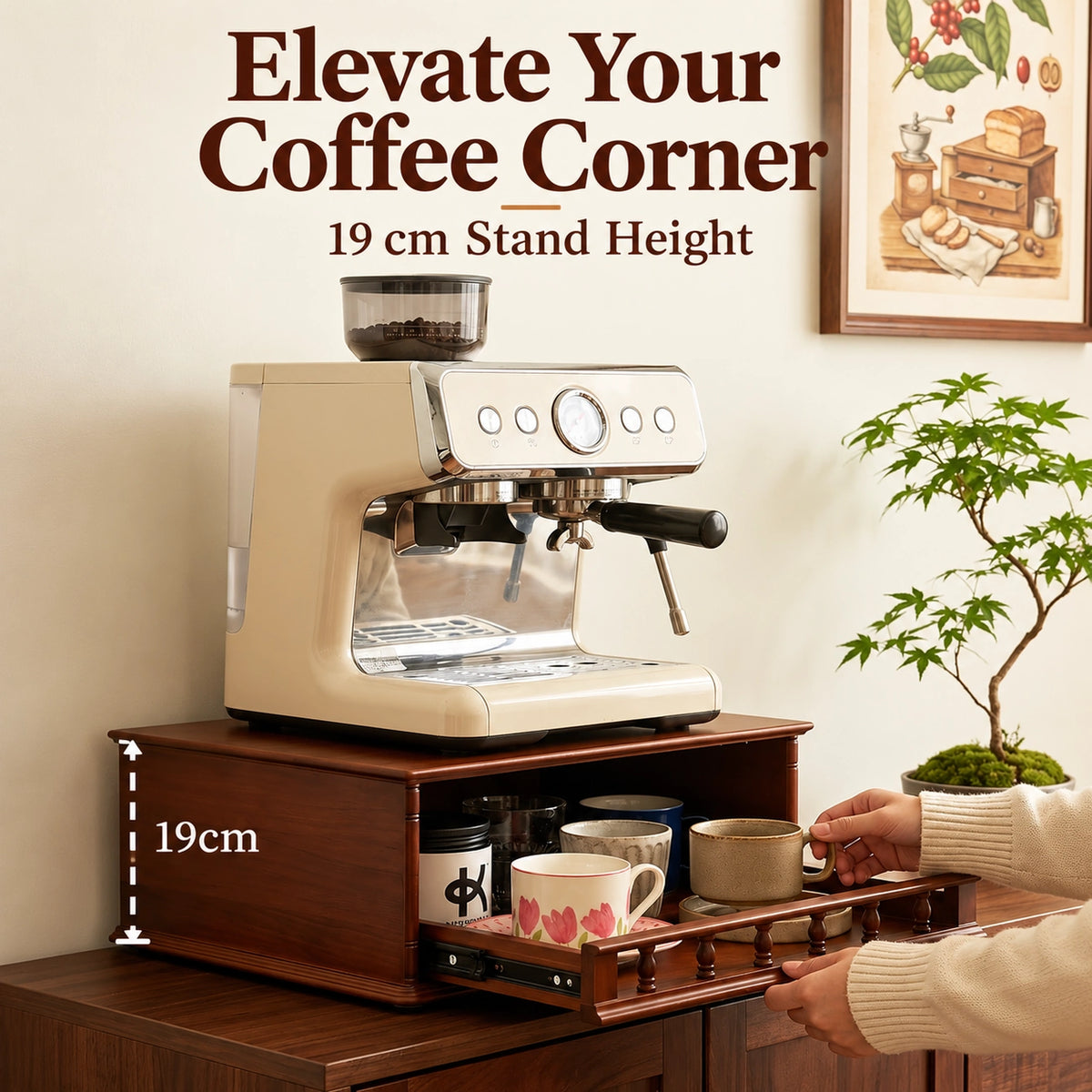 Roman Coffee Machine Stand with Pull-Out Drawer – Walnut Finish