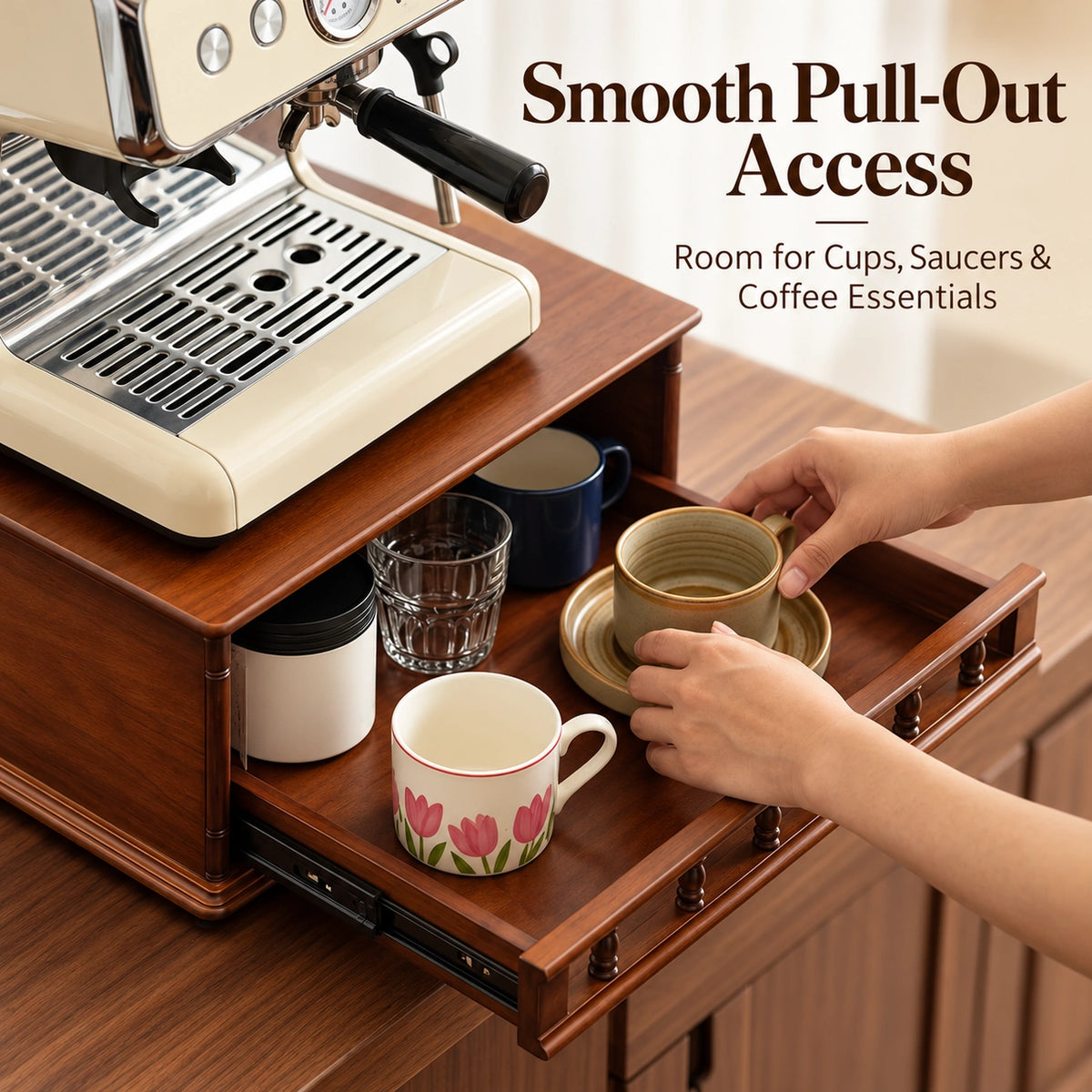 Roman Coffee Machine Stand with Pull-Out Drawer – Walnut Finish