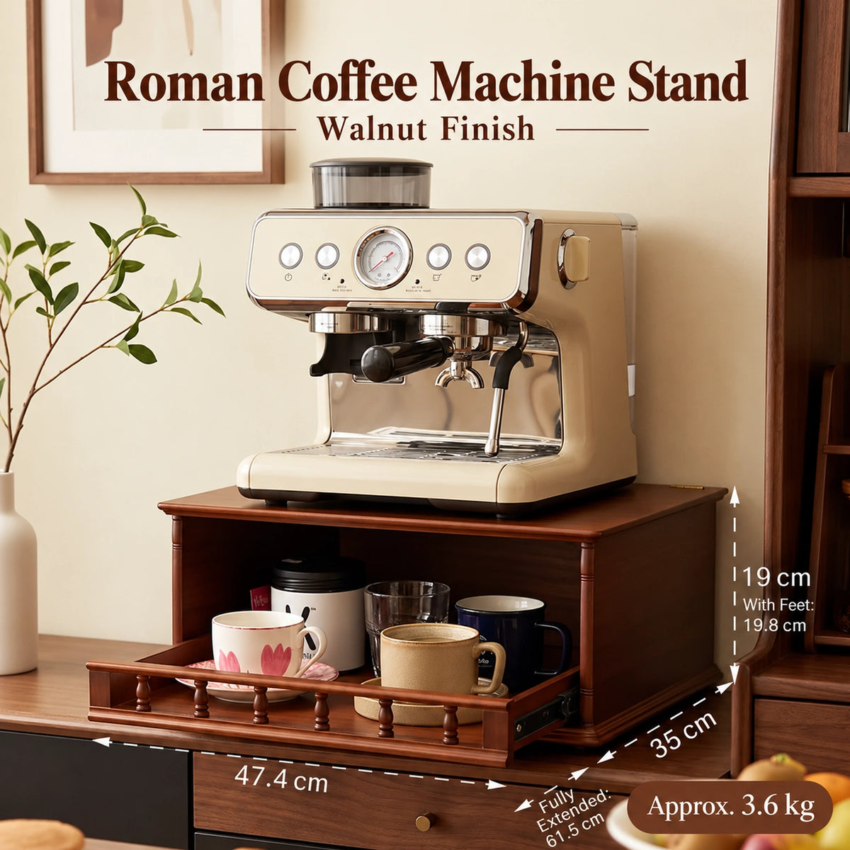 Roman Coffee Machine Stand with Pull-Out Drawer – Walnut Finish