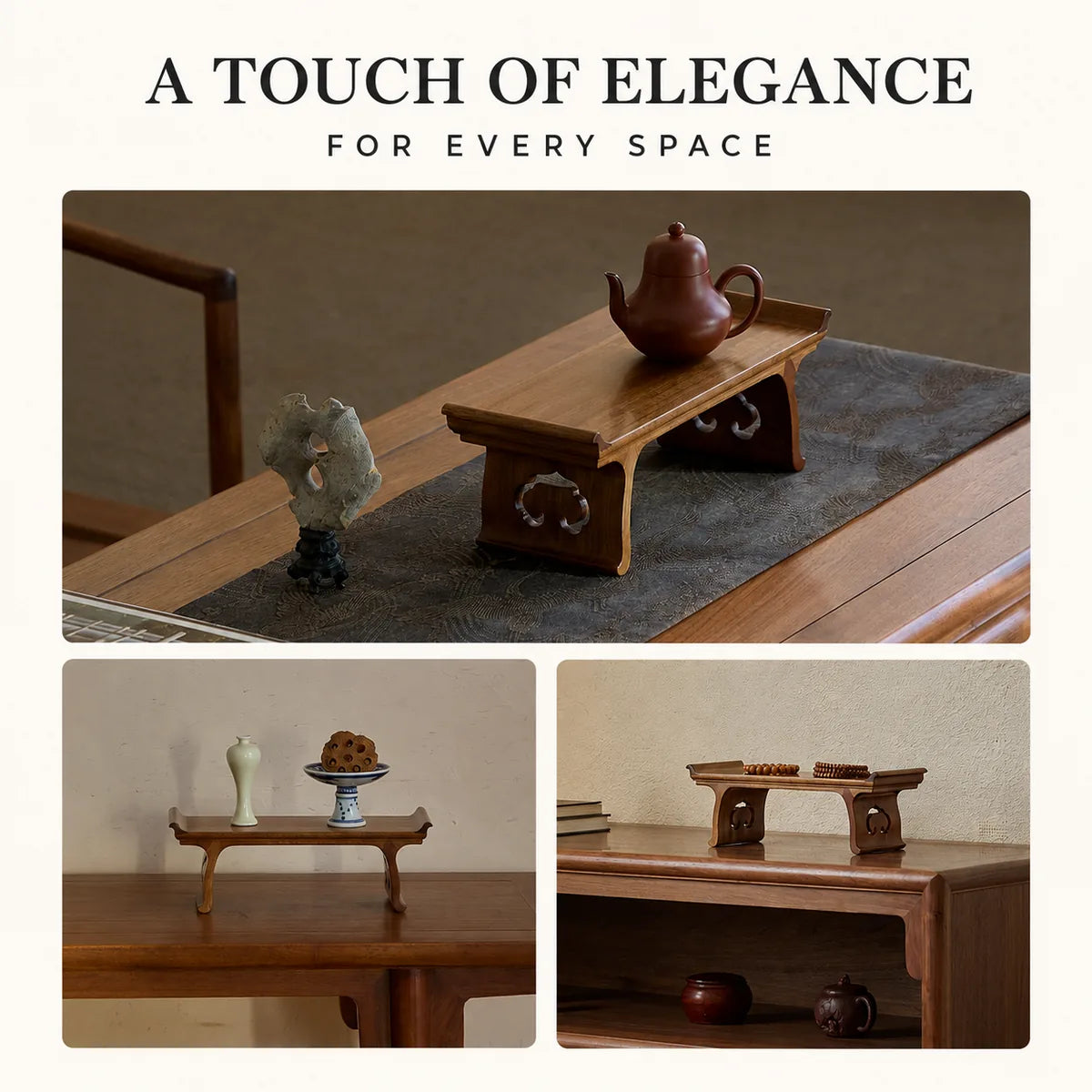 Golden Phoebe Ruyi display stand styled in multiple interiors