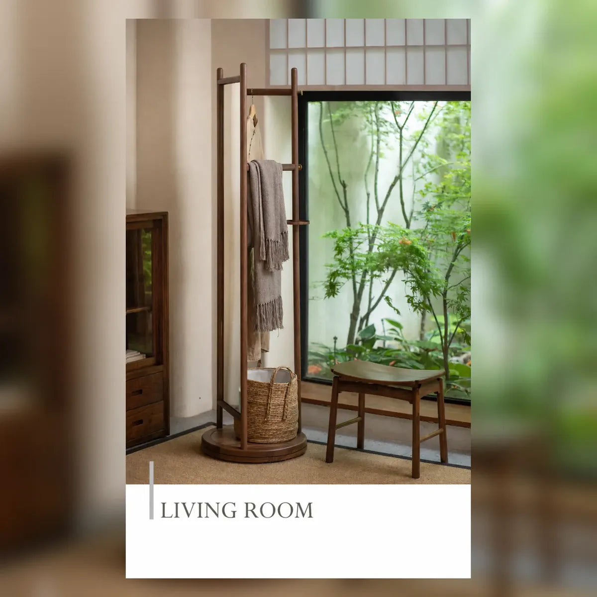 Space-saving rotating mirror garment rack in a living room