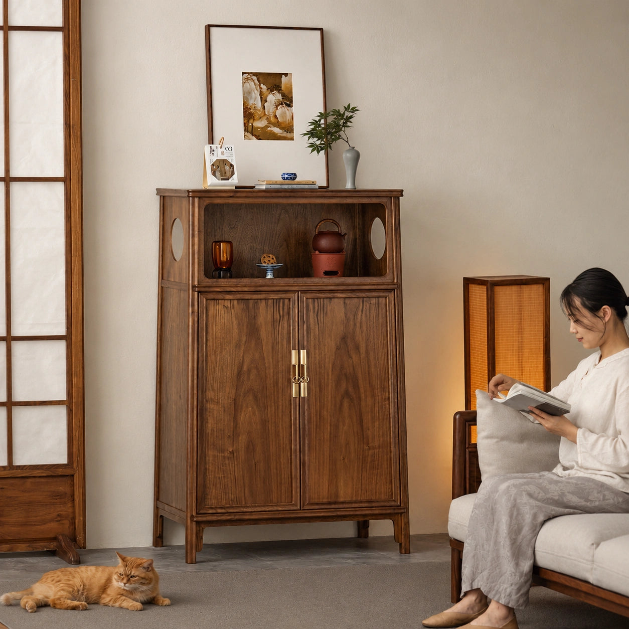 Ming-Style Solid Black Walnut Round-Corner Cabinet