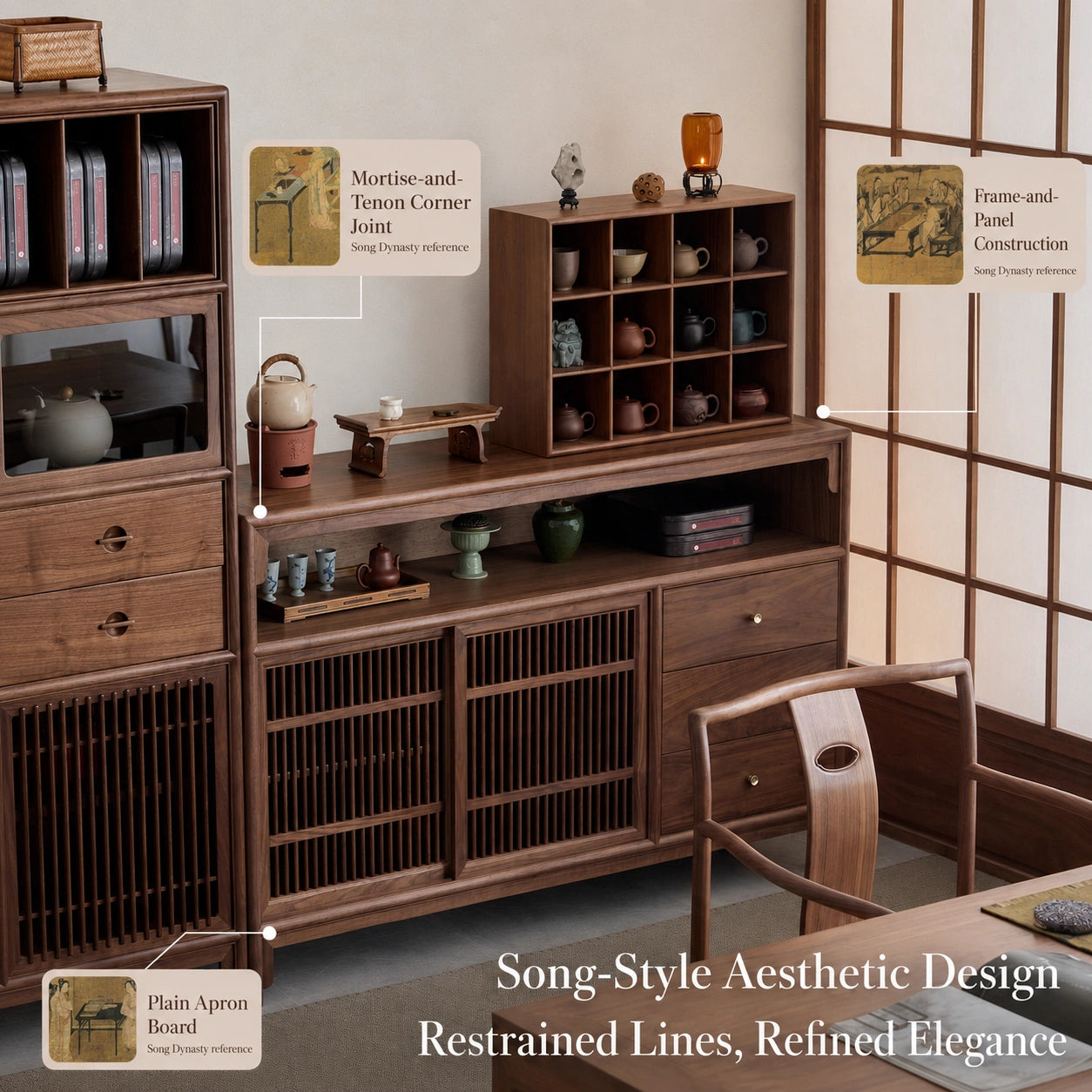 Qingfeng Solid Wood Sideboard – Black Walnut Storage Cabinet