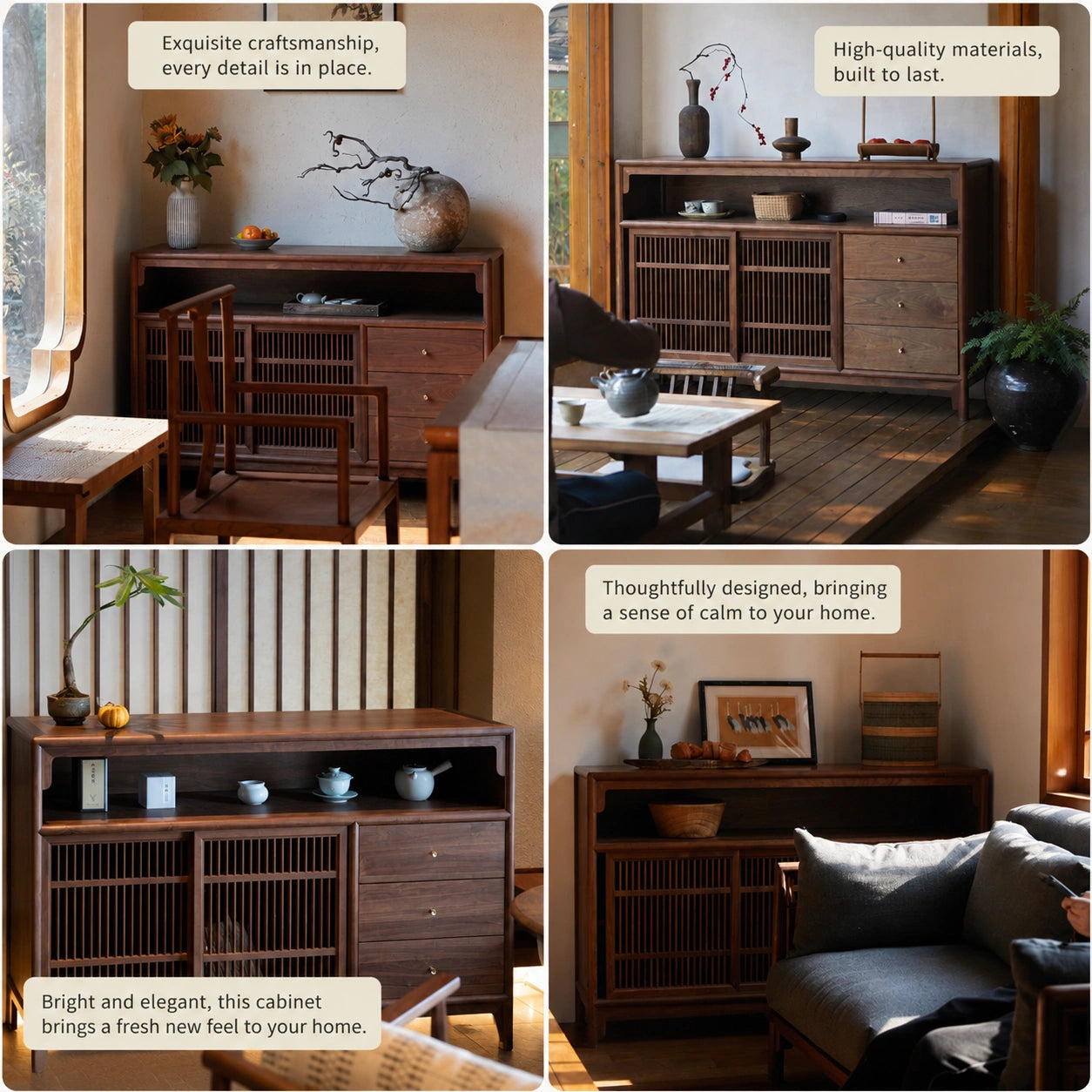 Qingfeng Solid Wood Sideboard – Black Walnut Storage Cabinet