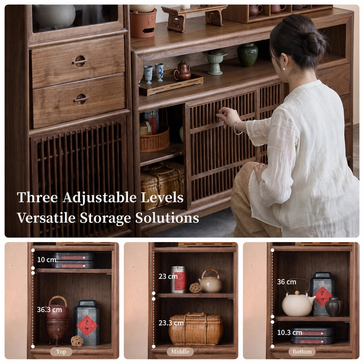 Qingfeng Solid Wood Sideboard – Black Walnut Storage Cabinet