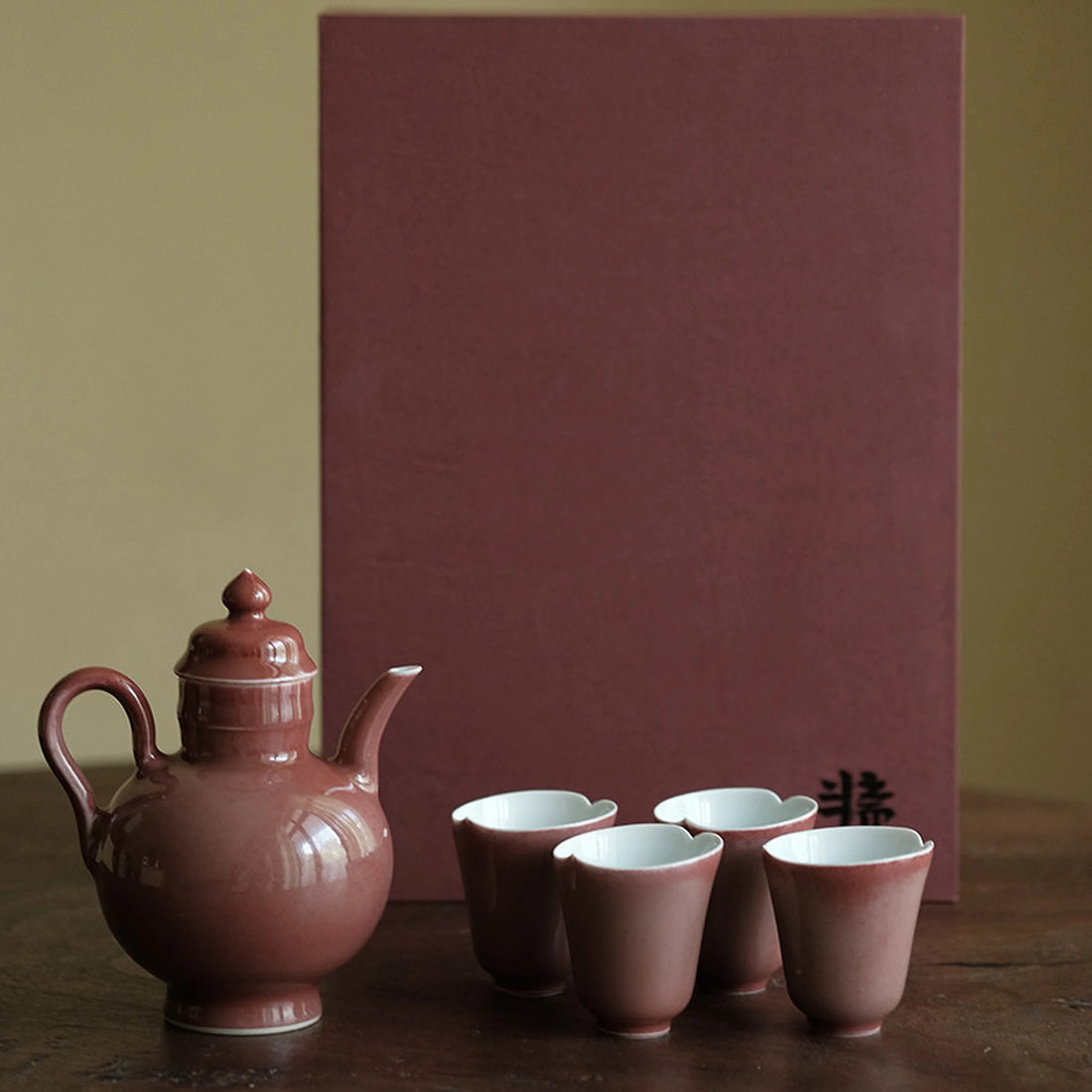 Rose glaze tea set with one teapot, four cups, and gift box