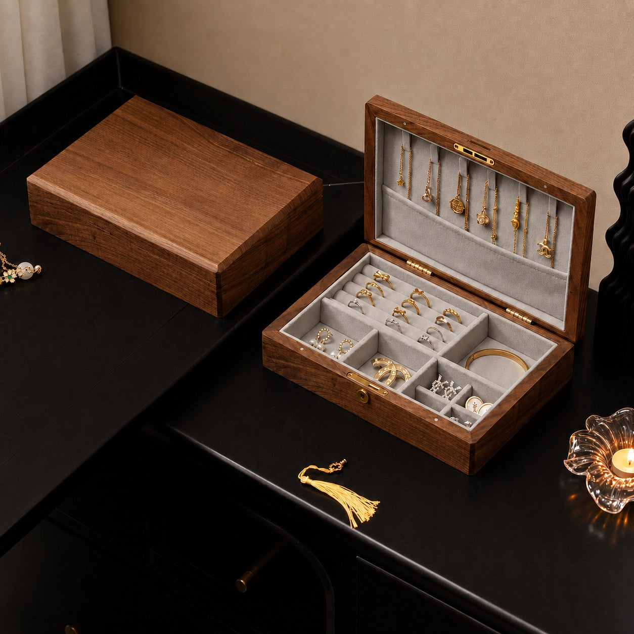 Customizable Black Walnut Jewelry Box with Floral Inlay